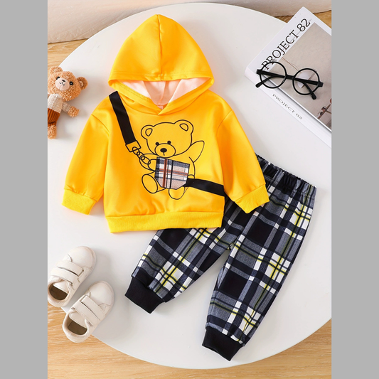 Children's Bear Graphic Hoodie & Plaid Pants Set