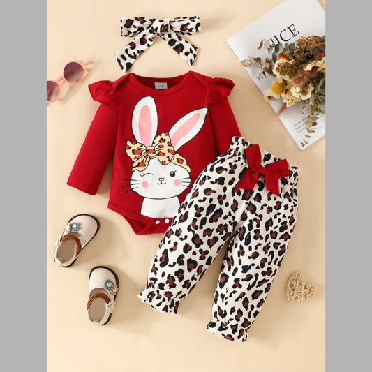 Children's Bunny Long Sleeve Bodysuit and Pants Set with Headscarf