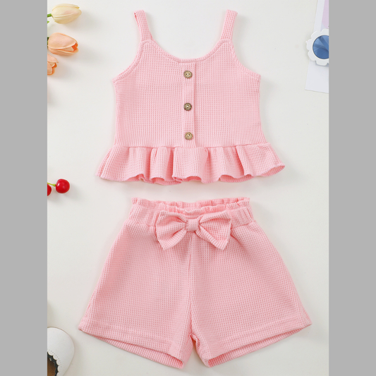 Children's Waffle Knit Tank Top and Bow Shorts Set