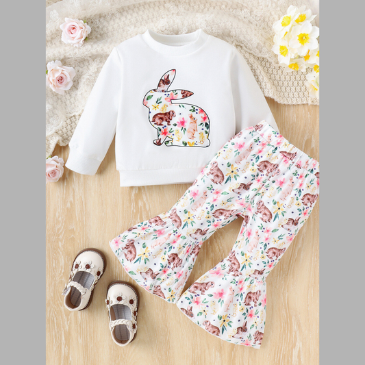 Children's Floral Bunny Print Top and Pant Set
