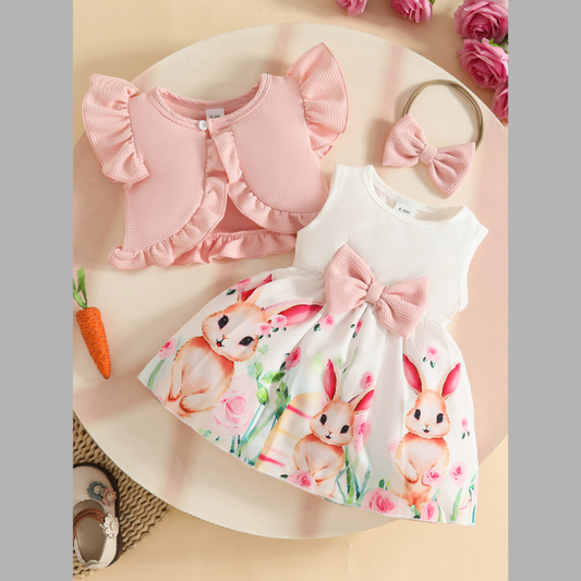 Children's Bunny Print Dress with Ruffle Cardigan & Headband Set