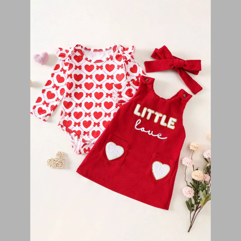 Children's Heart Print Bodysuit and Dress Outfit Set with Headband