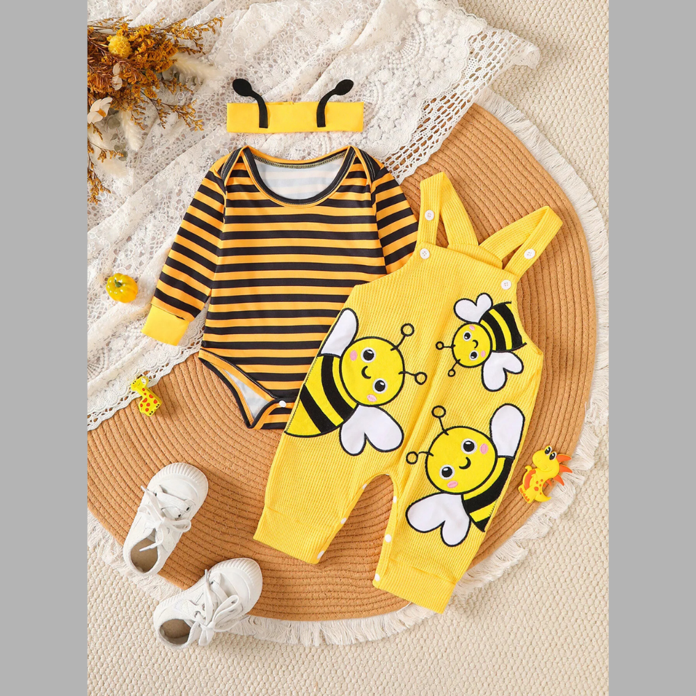 Children's Striped Bodysuit & Overalls & Headband Set