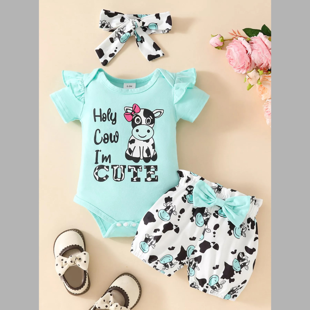Children's Ruffled Cow Bodysuit and Shorts Set with Headband