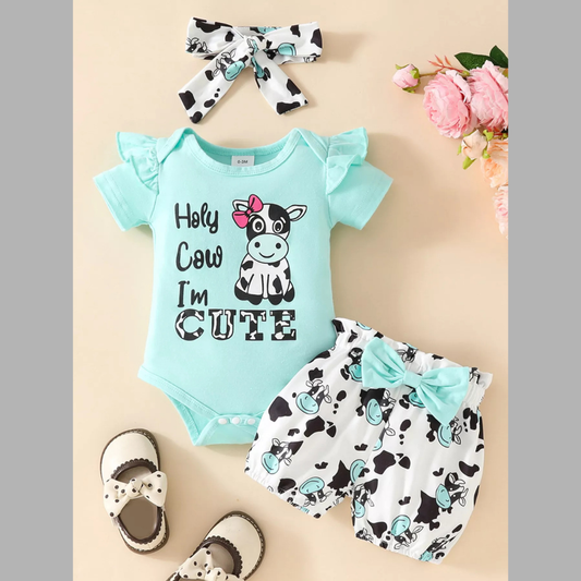 Children's Ruffled Cow Bodysuit and Shorts Set with Headband