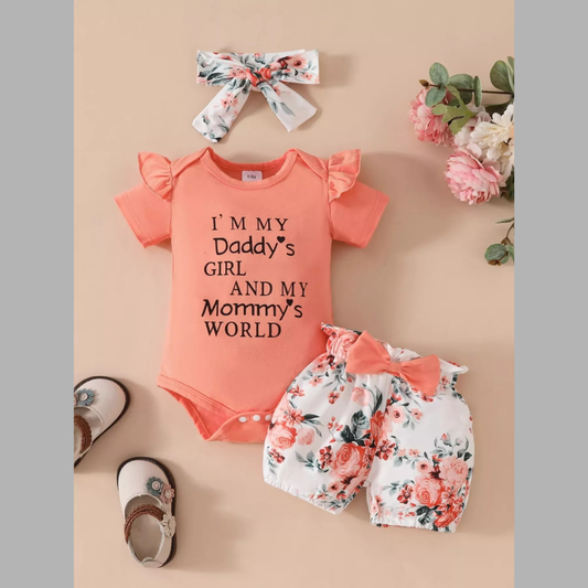 Children's Ruffled Bodysuit and Floral Shorts Set with Headband