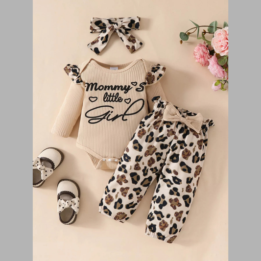 Children's Leopard Ruffled Bodysuit and Pants Set with Headband