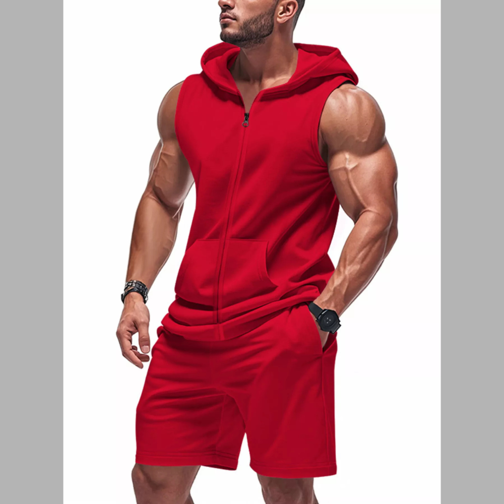 Men's Full Size Zip Up Sleeveless Hoodie & Shorts Set Plus Size