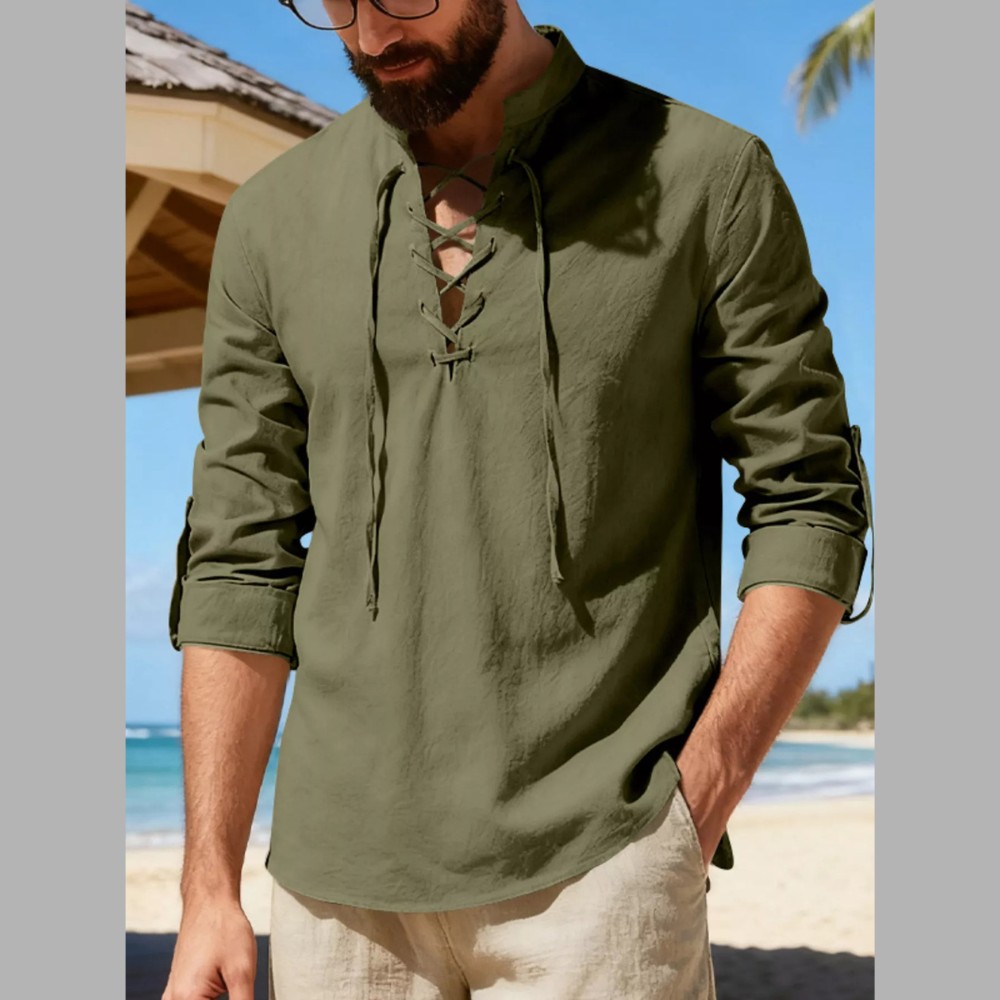 Men's Full Size Casual Lace-Up Linen Shirt Plus Size
