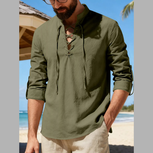 Men's Full Size Casual Lace-Up Linen Shirt Plus Size