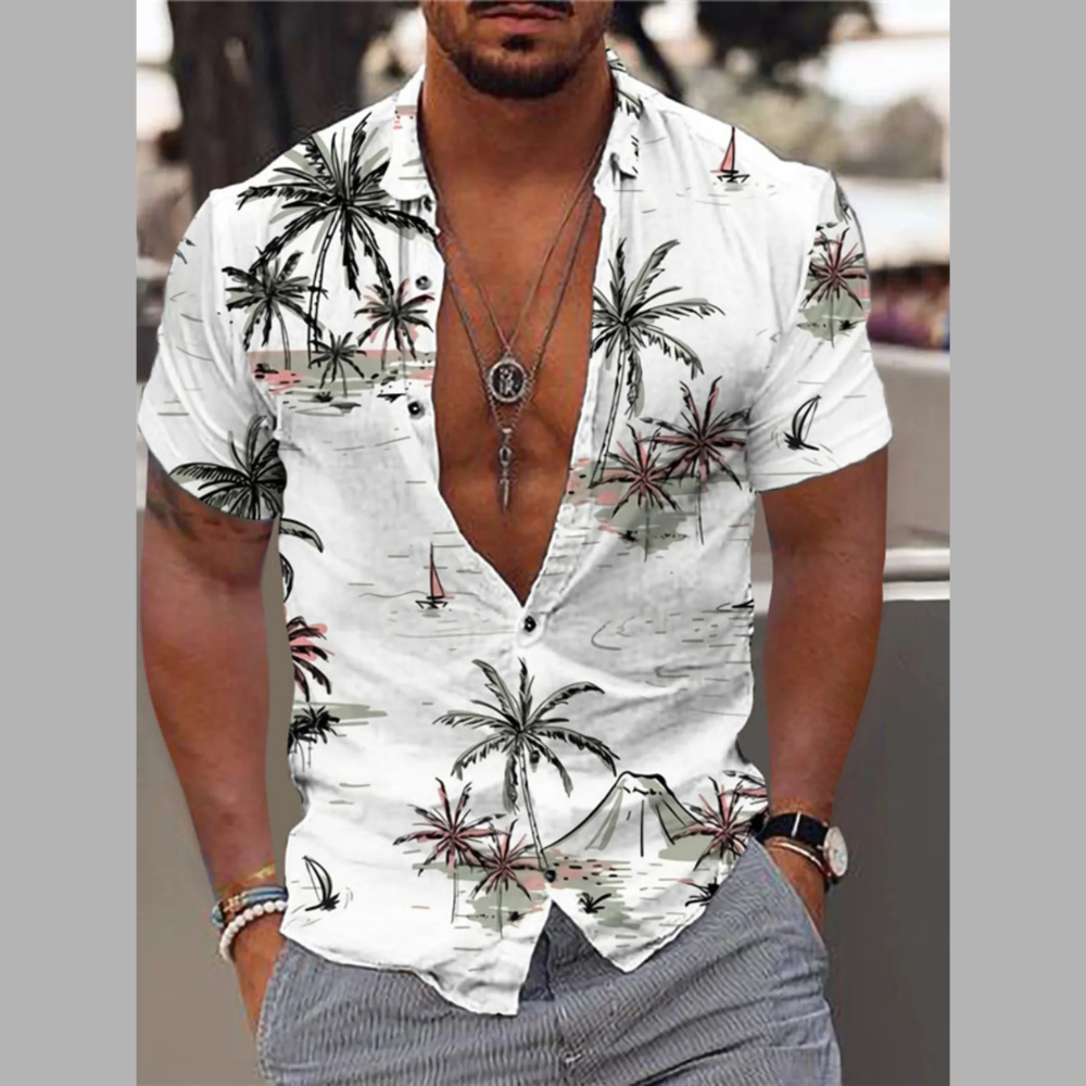Men's Full Size Tropical Print Short Sleeve Button-Down Shirt Plus Size