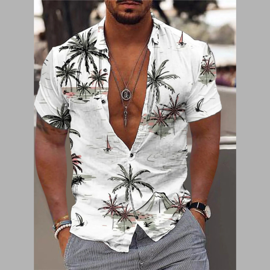 Men's Full Size Tropical Print Short Sleeve Button-Down Shirt Plus Size