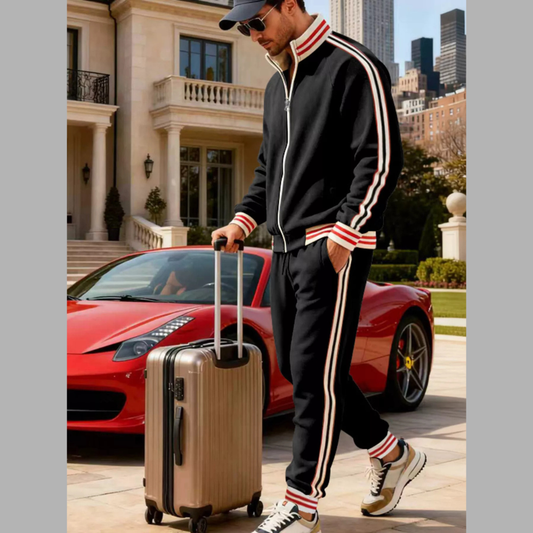 Men's Full Size Striped Zip Up Outerwear and Pants Plus Size