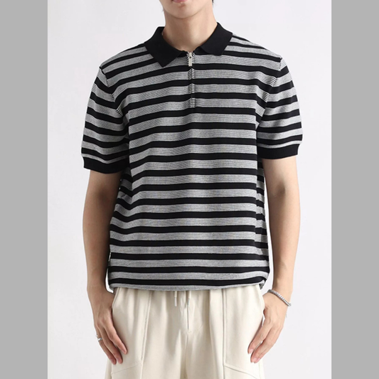 Men's Plus Size Striped Half-Zip Casual Polo