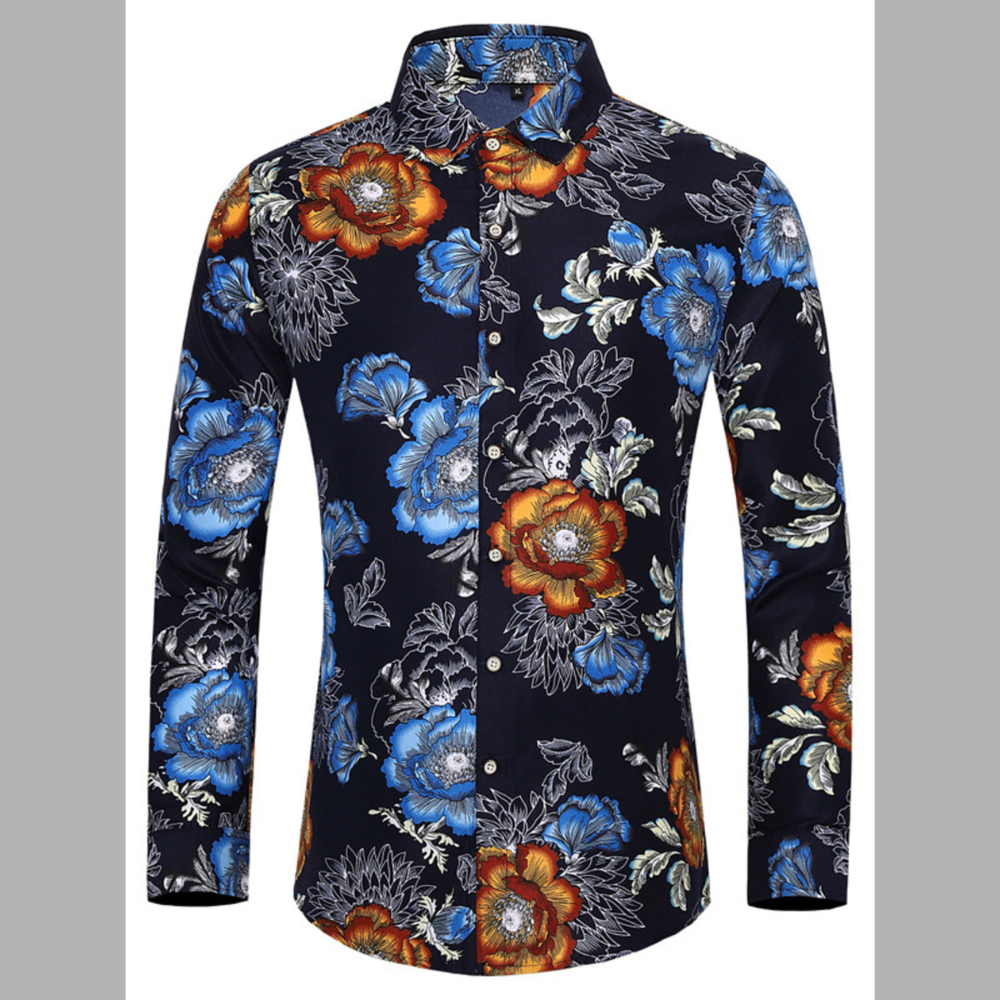 Men's Plus Size Floral Print Long Sleeve Button-Down Shirt