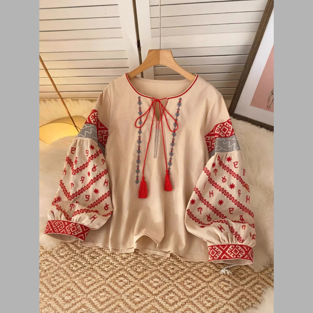 Embroidered Tie Neck Blouse