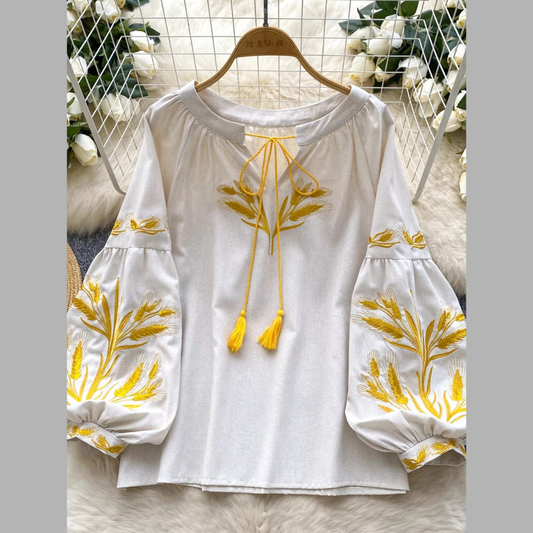 Embroidered Wheat Pattern Tie Neck Blouse
