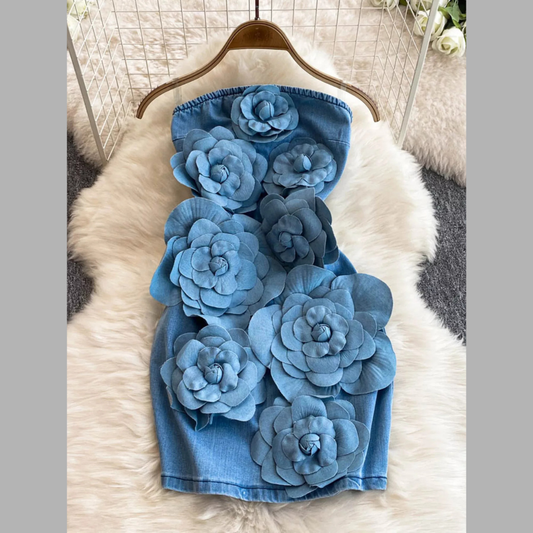 Floral Applique Strapless Denim Dress