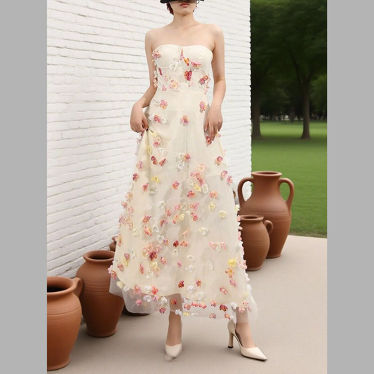 Floral Applique Strapless Tulle Maxi Dress