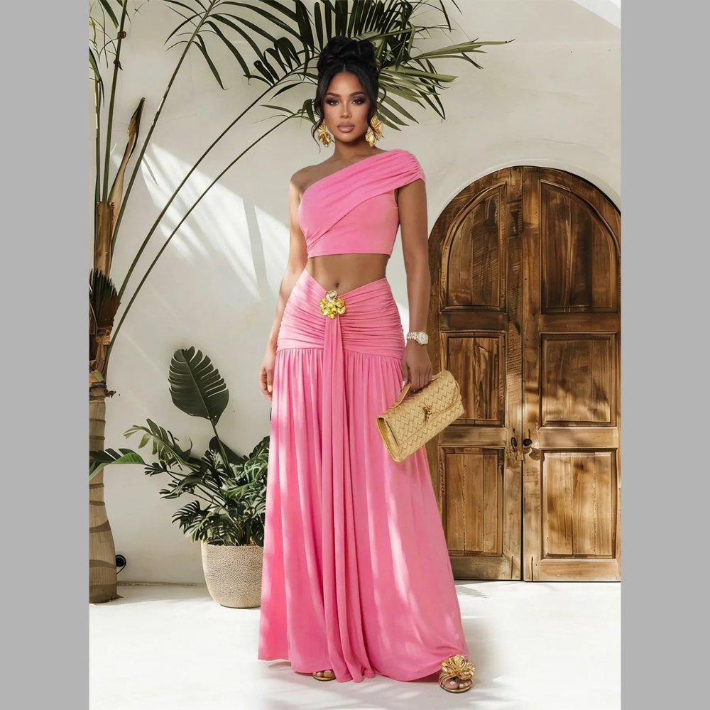 One-Shoulder Top and Ruched Maxi Skirt Set