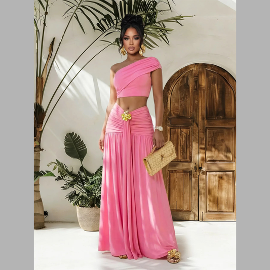 One-Shoulder Top and Ruched Maxi Skirt Set