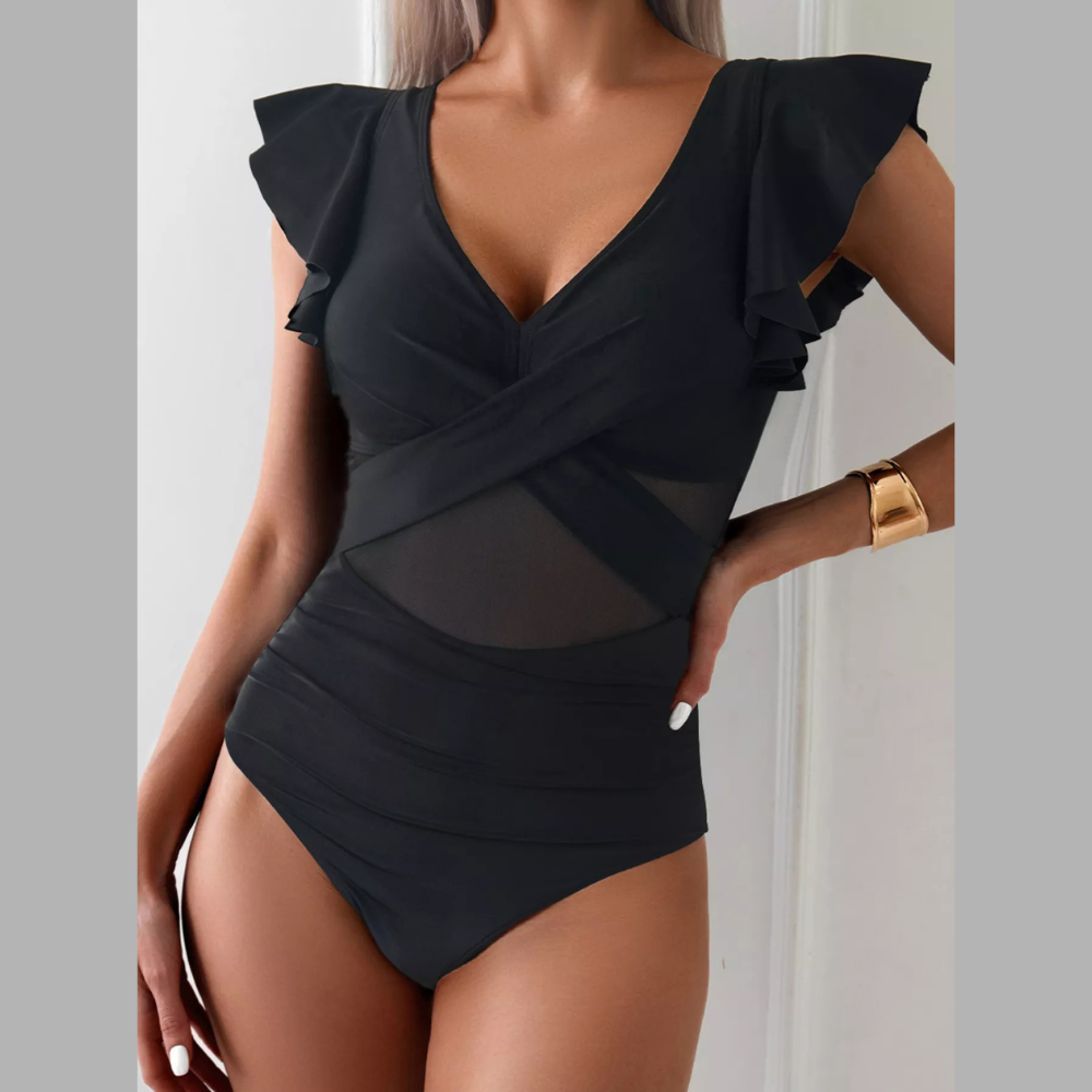 Ruffle Sleeve V-Neck One-Piece Swimsuit