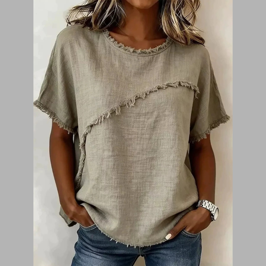 Full Size Frayed Hem Short Sleeve Top Plus Size