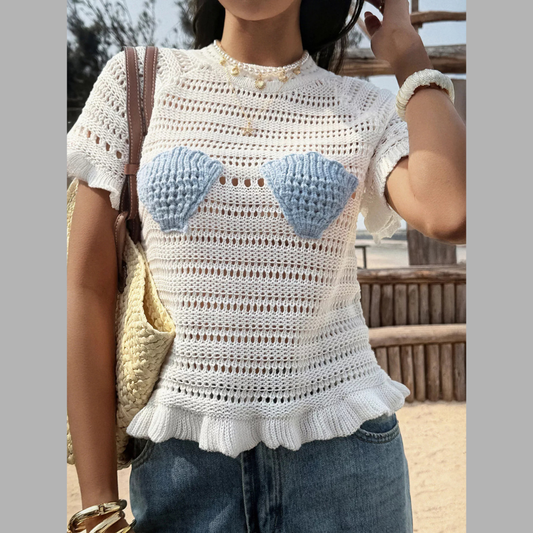 Openwork Ruffled Hem Knit Top