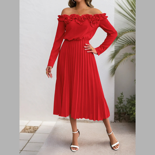 Off-Shoulder Ruffle Pleated Midi Dress