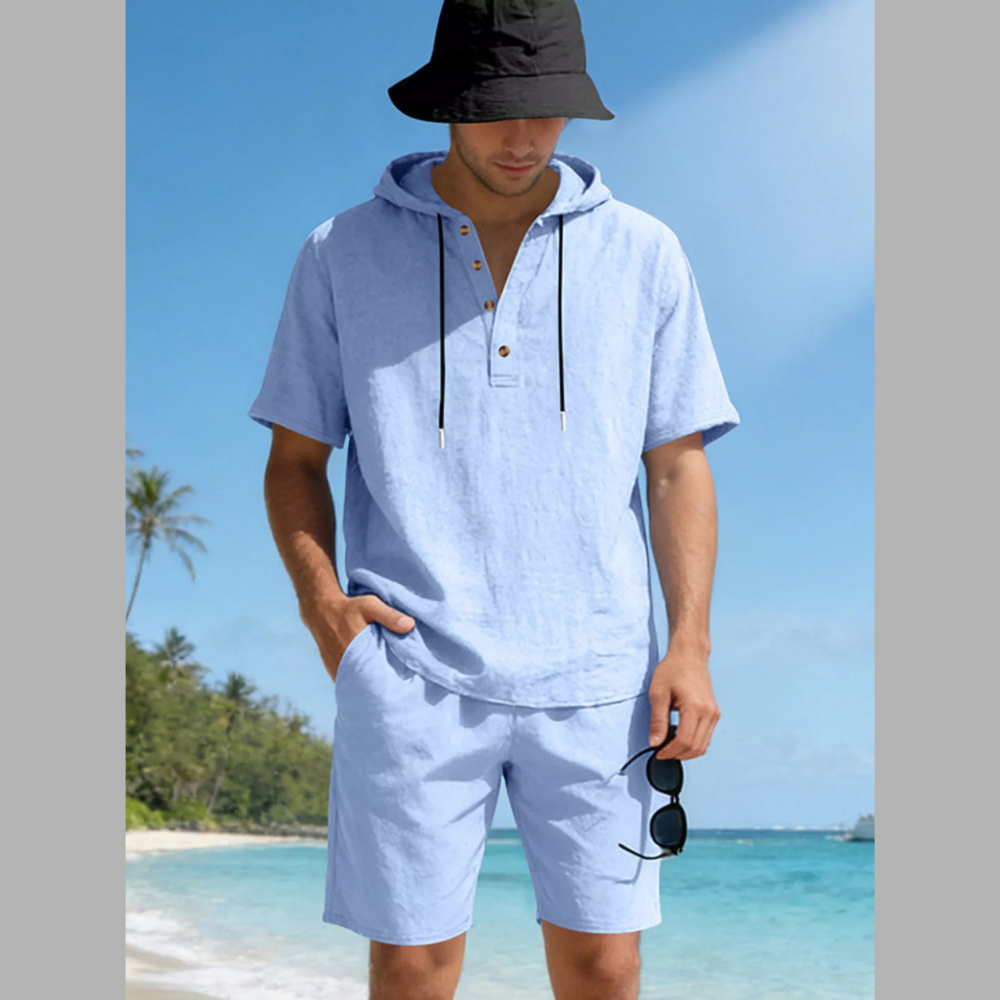 Men's Full Size Casual Short Sleeve Hooded Top & Shorts Set Plus Size