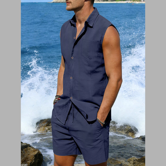 Men's Full Size Button Up Sleeveless Top and Shorts Plus Size