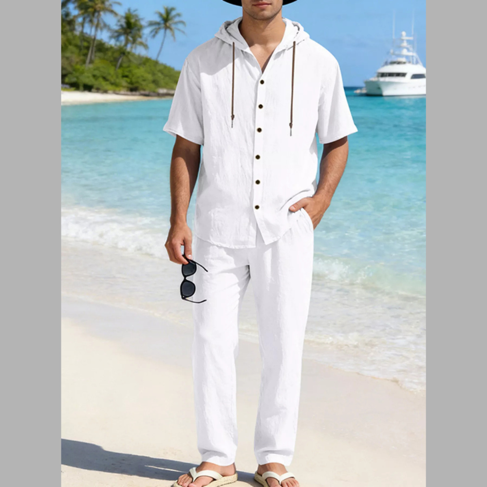 Men's Full Size Button Up Hooded Top and Pants Set Plus Size