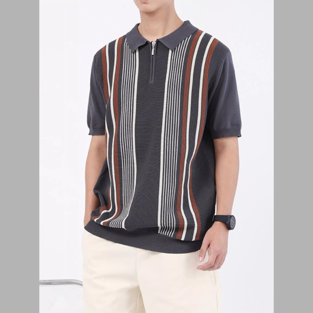 Men's Plus Size Striped Knit Polo with Zipper
