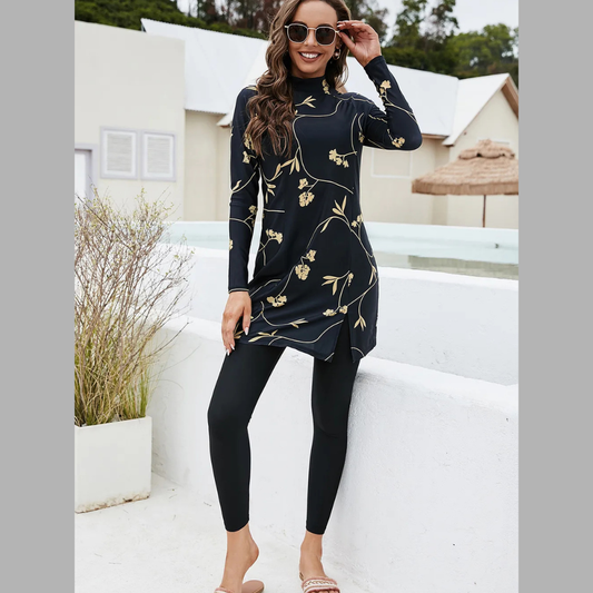 Printed Mock Neck Long Sleeve Top and Pants Swim Set
