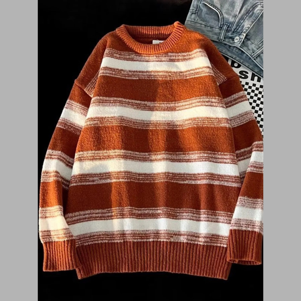 Men's Striped Knit Round Neck Sweater
