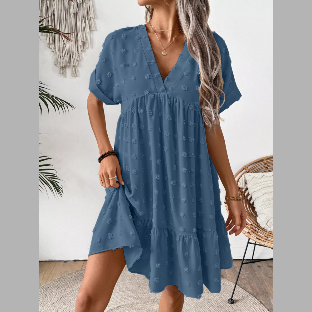 Swiss Dot V-Neck Tiered Mini Dress