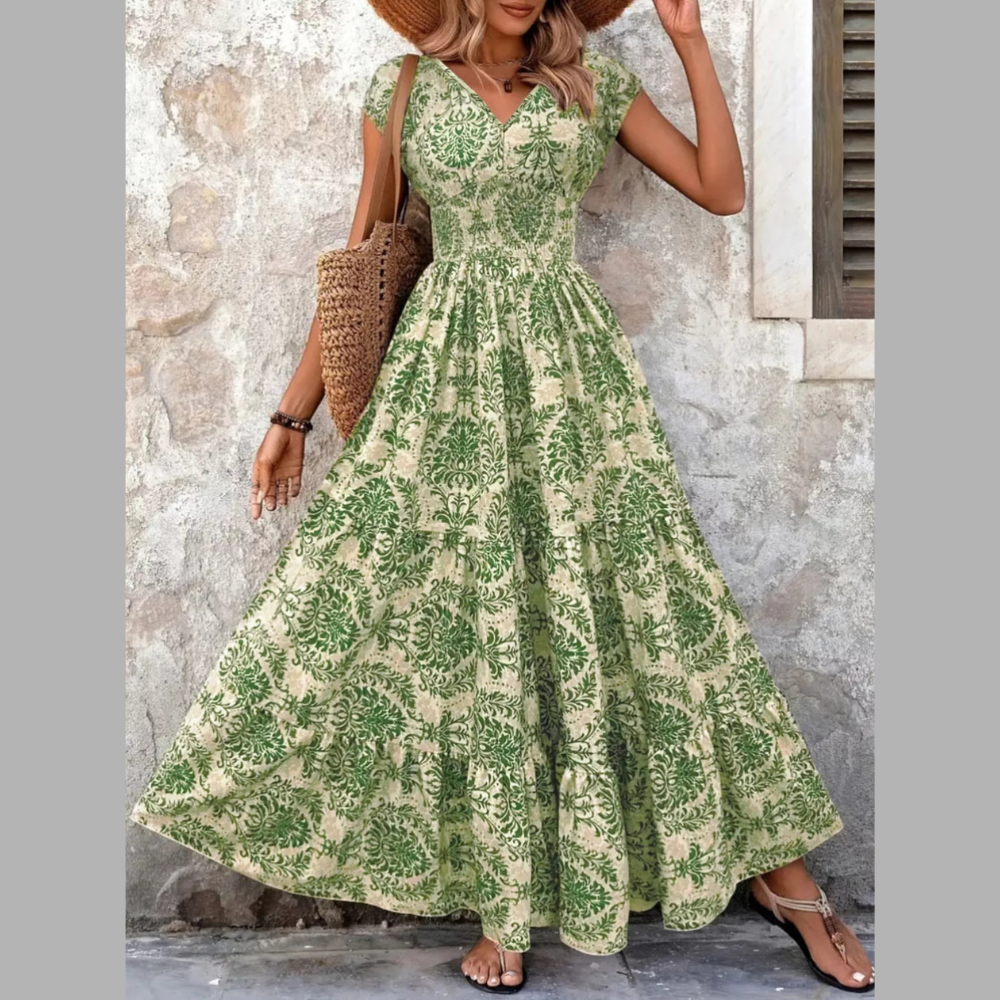 Full Size Printed V-Neck Tiered Maxi Dress Plus Size