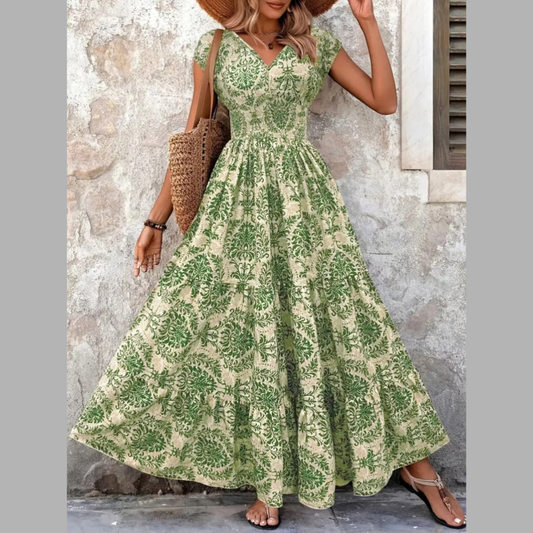 Full Size Printed V-Neck Tiered Maxi Dress Plus Size