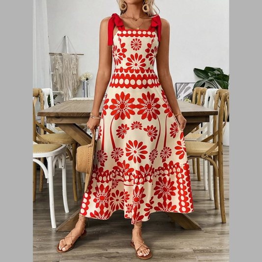 Floral Print Tie-Shoulder Midi Dress