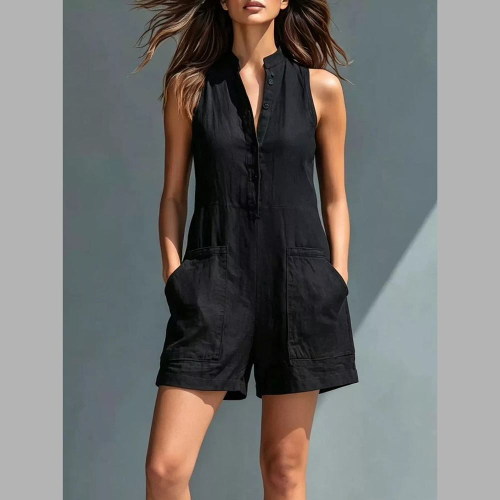 Full Size Sleeveless Button-Front Romper with Pockets Plus Size