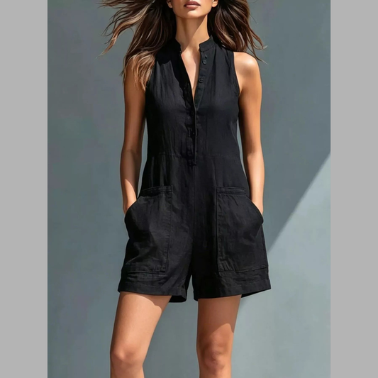 Full Size Sleeveless Button-Front Romper with Pockets Plus Size