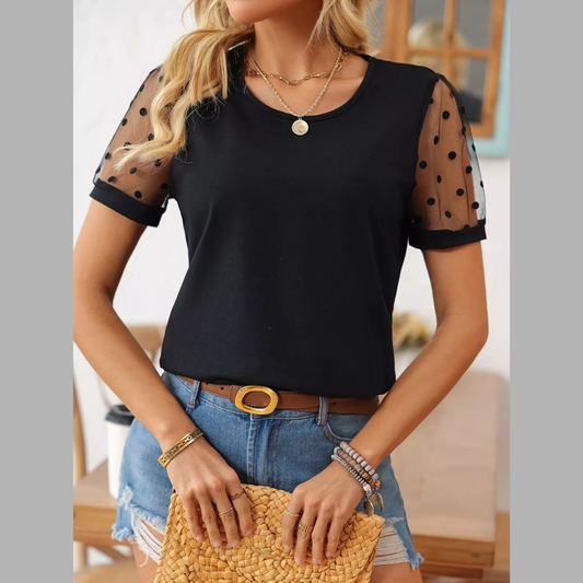 Polka Dot Mesh Sleeve T-Shirt