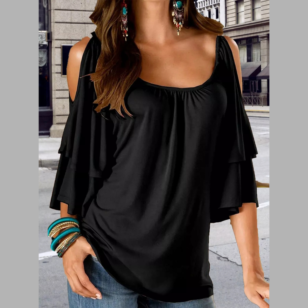 Cold Shoulder Ruffle Sleeve T-Shirt