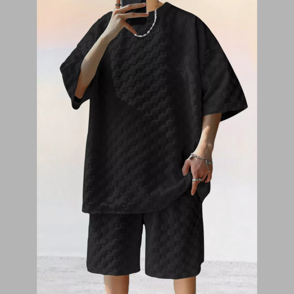 Men's Full Size Textured Short Sleeve Tee and Shorts Casual Set Plus Size