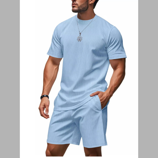 Men's Full Size Casual Striped Top and Shorts Set Plus Size