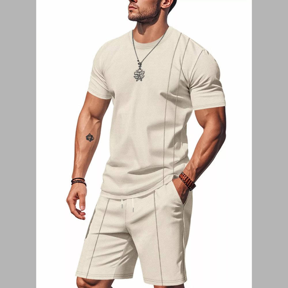 Men's Full Size Casual Striped Short Sleeve T-Shirt and Shorts Set Plus Size