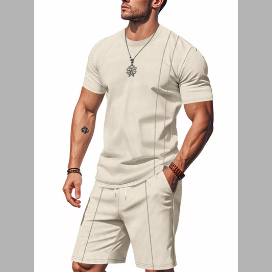 Men's Full Size Casual Striped Short Sleeve T-Shirt and Shorts Set Plus Size