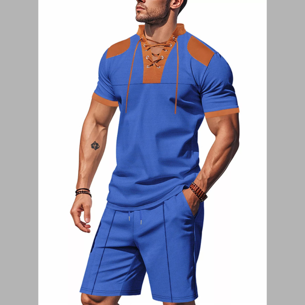 Men's Full Size Lace-Up Collar Casual Top and Shorts Set Plus Size