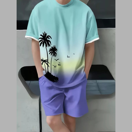 Men's Full Size Tropical Print Casual Tee and Shorts Set Plus Size