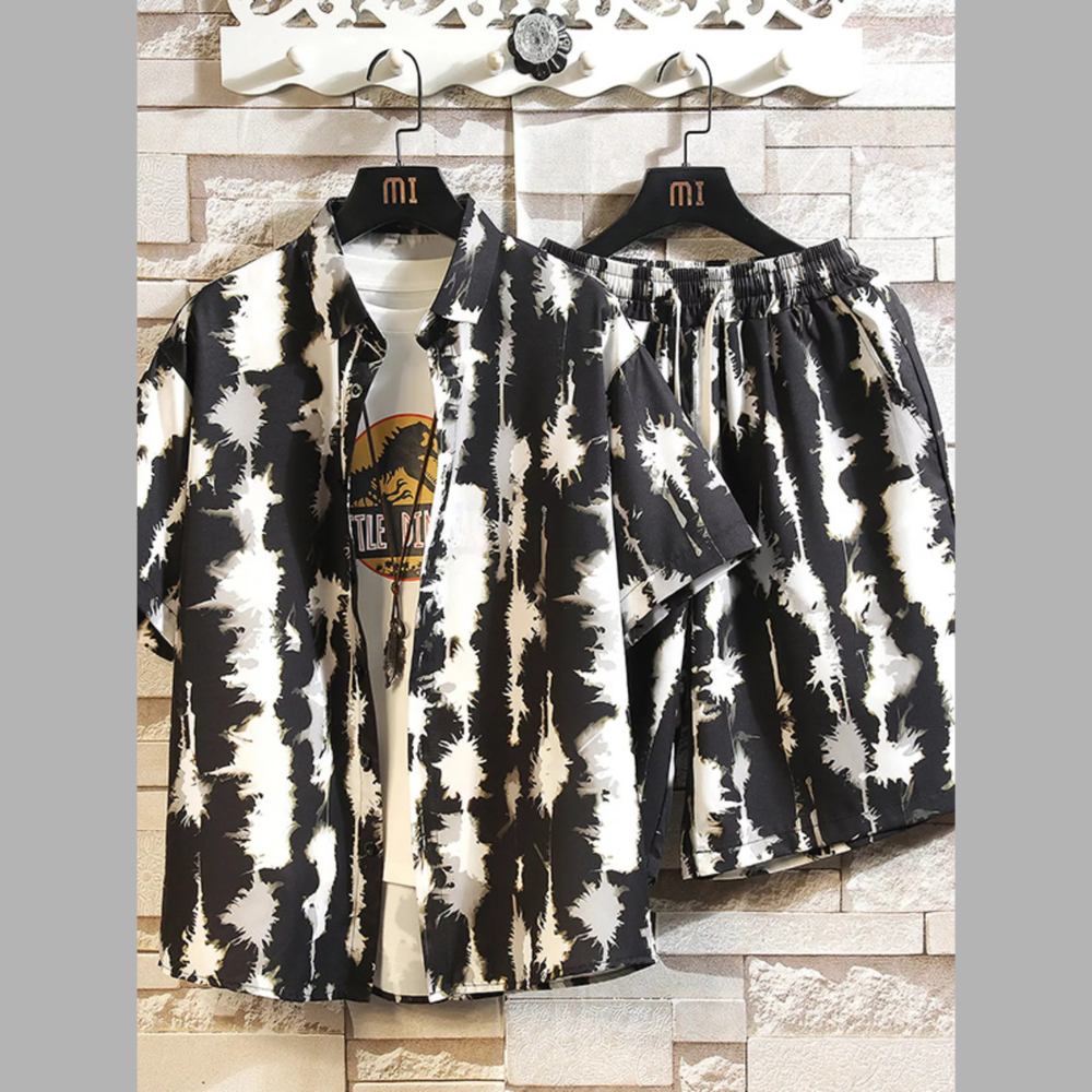 Men's Printed Button Up Shirt and Shorts Set